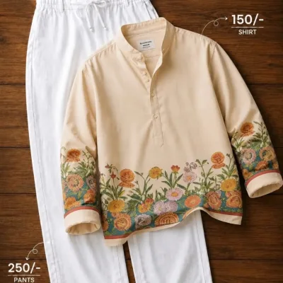 Womens Cream Floral Border Shirt & White Pant Set