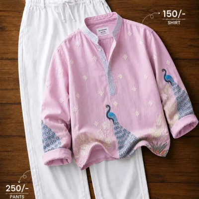 Womens Pink Peacock Embroidered Shirt & Pant Set