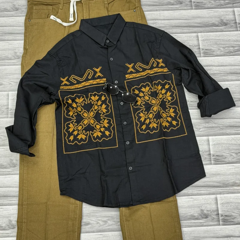 Black Golden Embroidered Casual Shirt