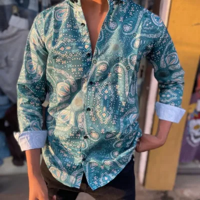 Teal Blue Paisley Printed Full Sleeve Shirt