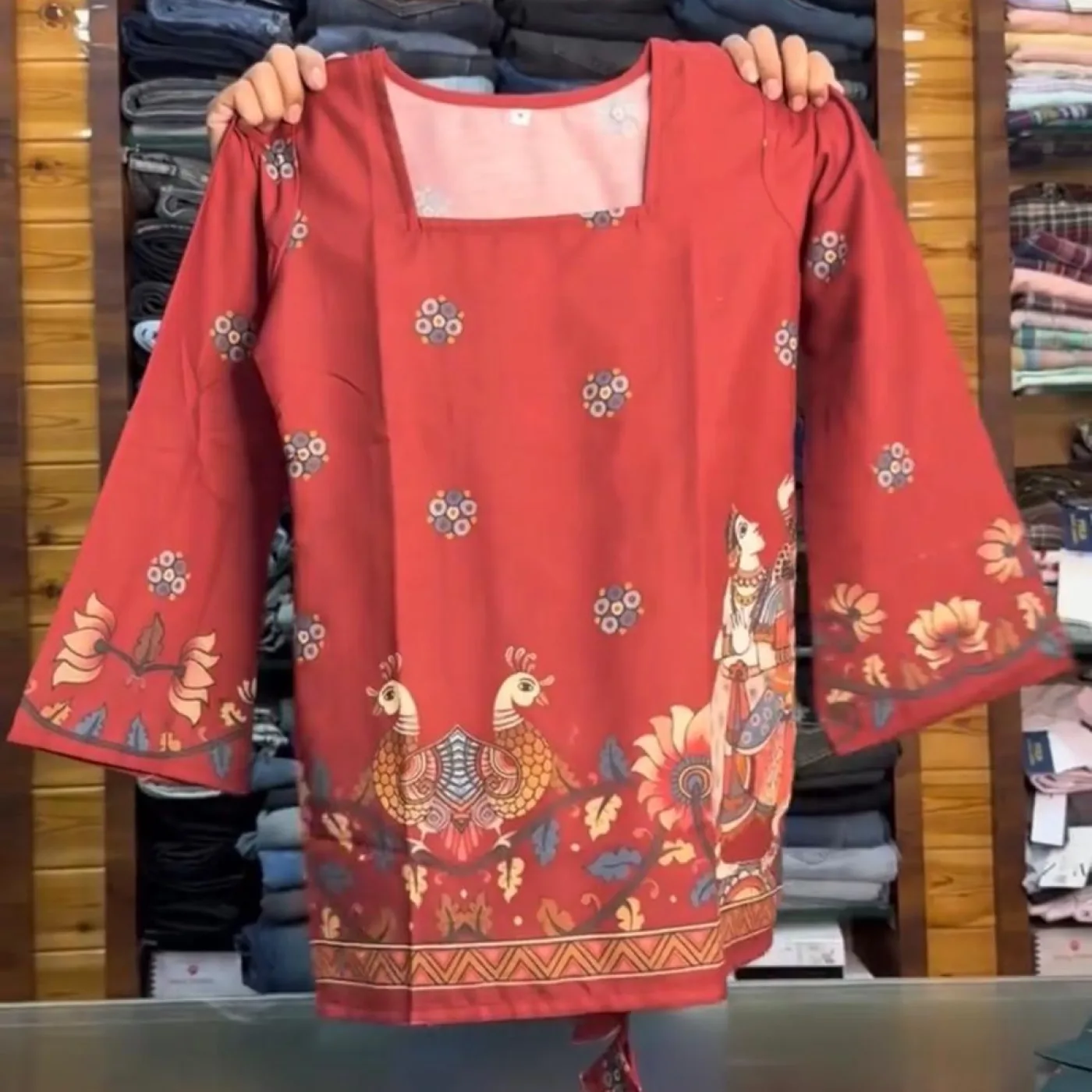 Coral Folk Art Printed Lace-Up Kurti