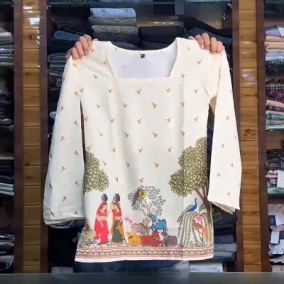 Ivory Folk Art Printed Lace-Up Kurti