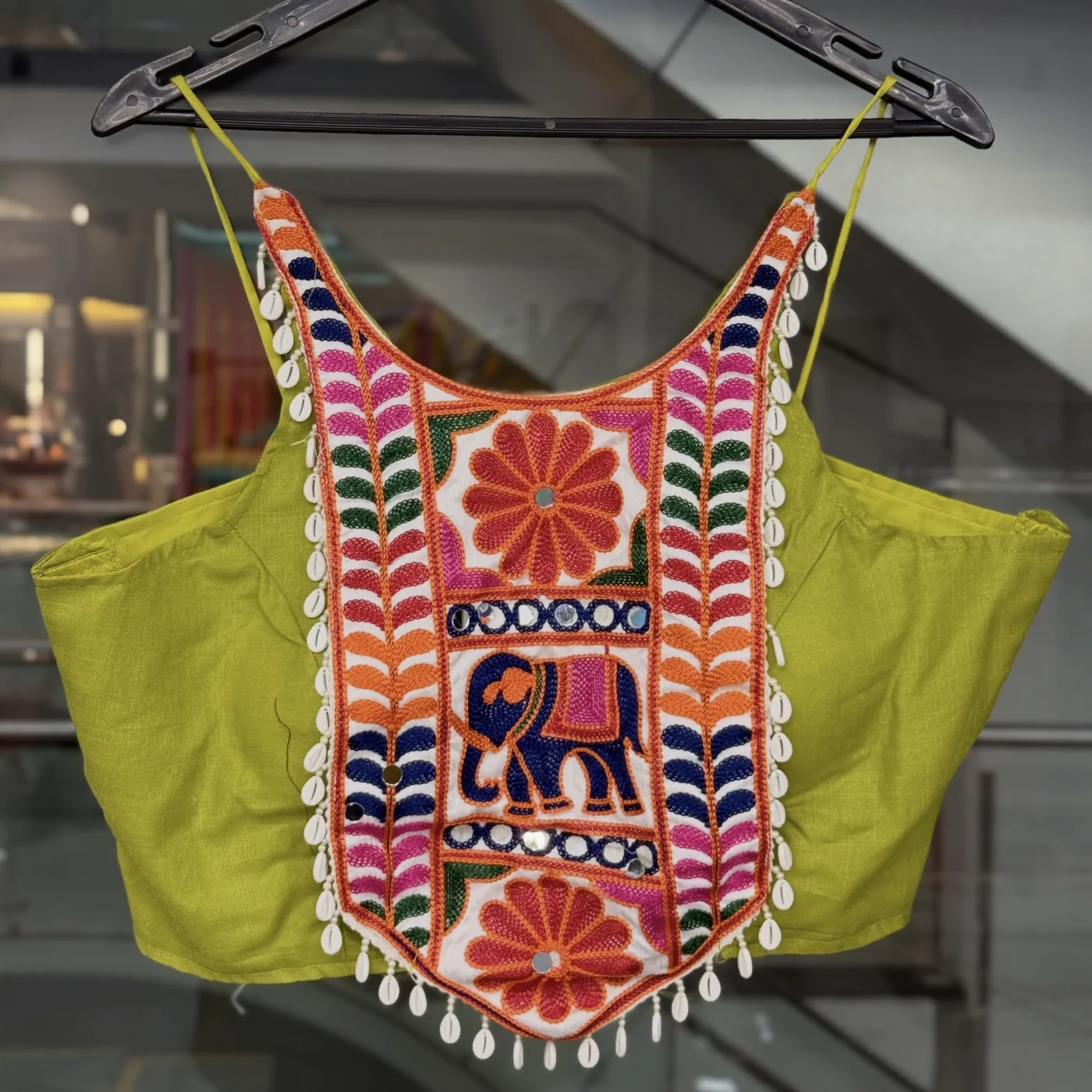 Lime Green Elephant Motif Mirrorwork Blouse