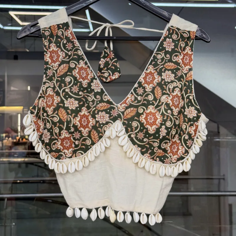 Garden Vine Shell-Trimmed Printed Blouse