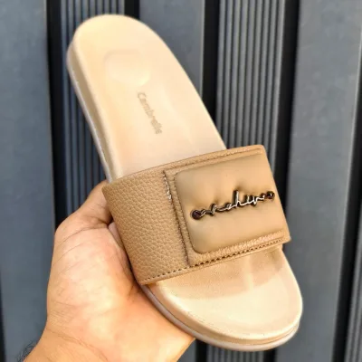 Elegant Beige Textured Buckle Slip-On Flat Sandals