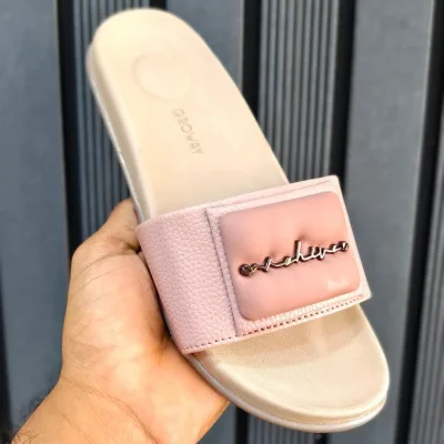 Soft Blush Pink Wide-Strap Metallic Accent Slip-On Sandals