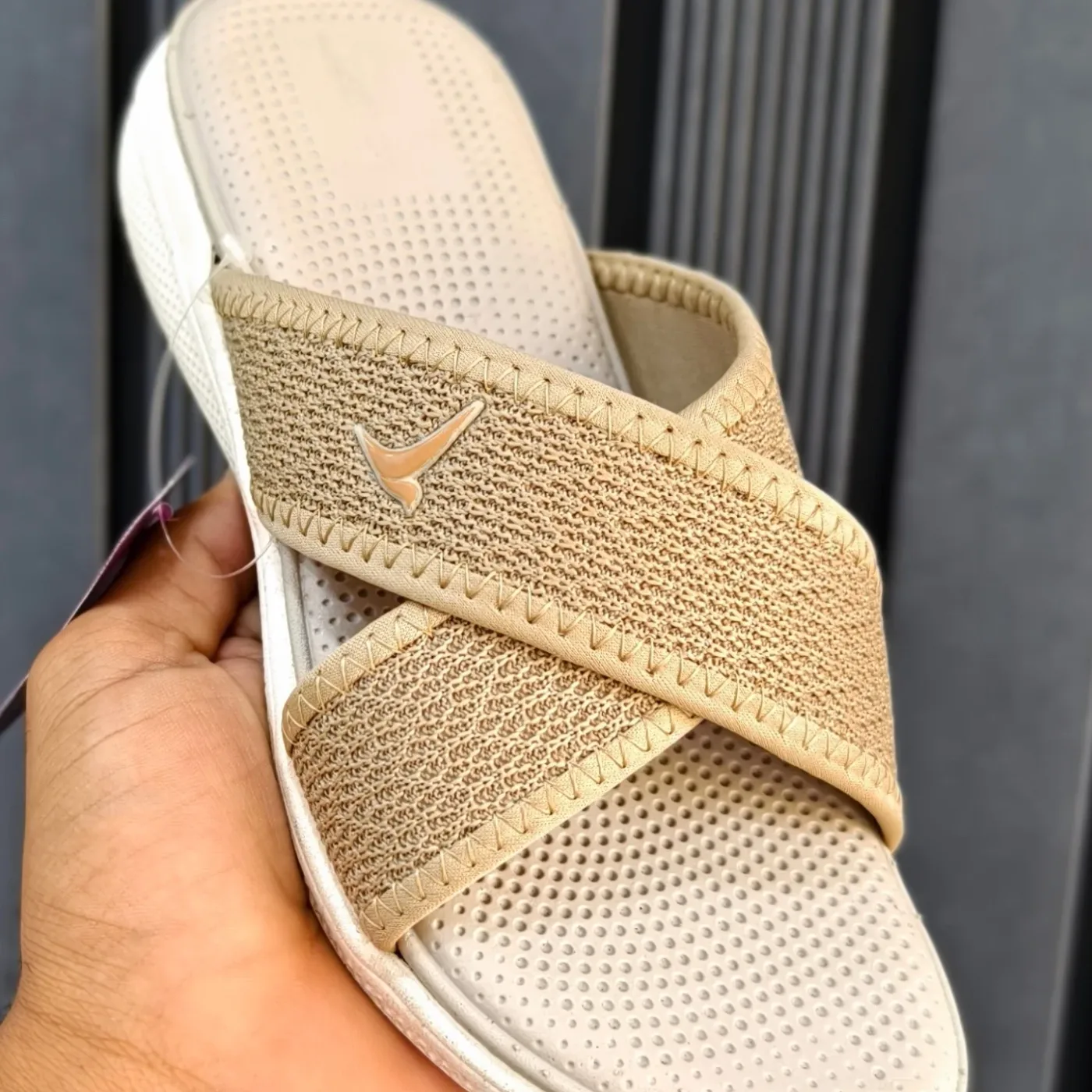 Beige Cross-Strap Textured Comfort Slip-On Sandals for Women