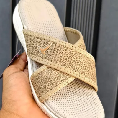 Beige Cross-Strap Textured Comfort Slip-On Sandals for Women