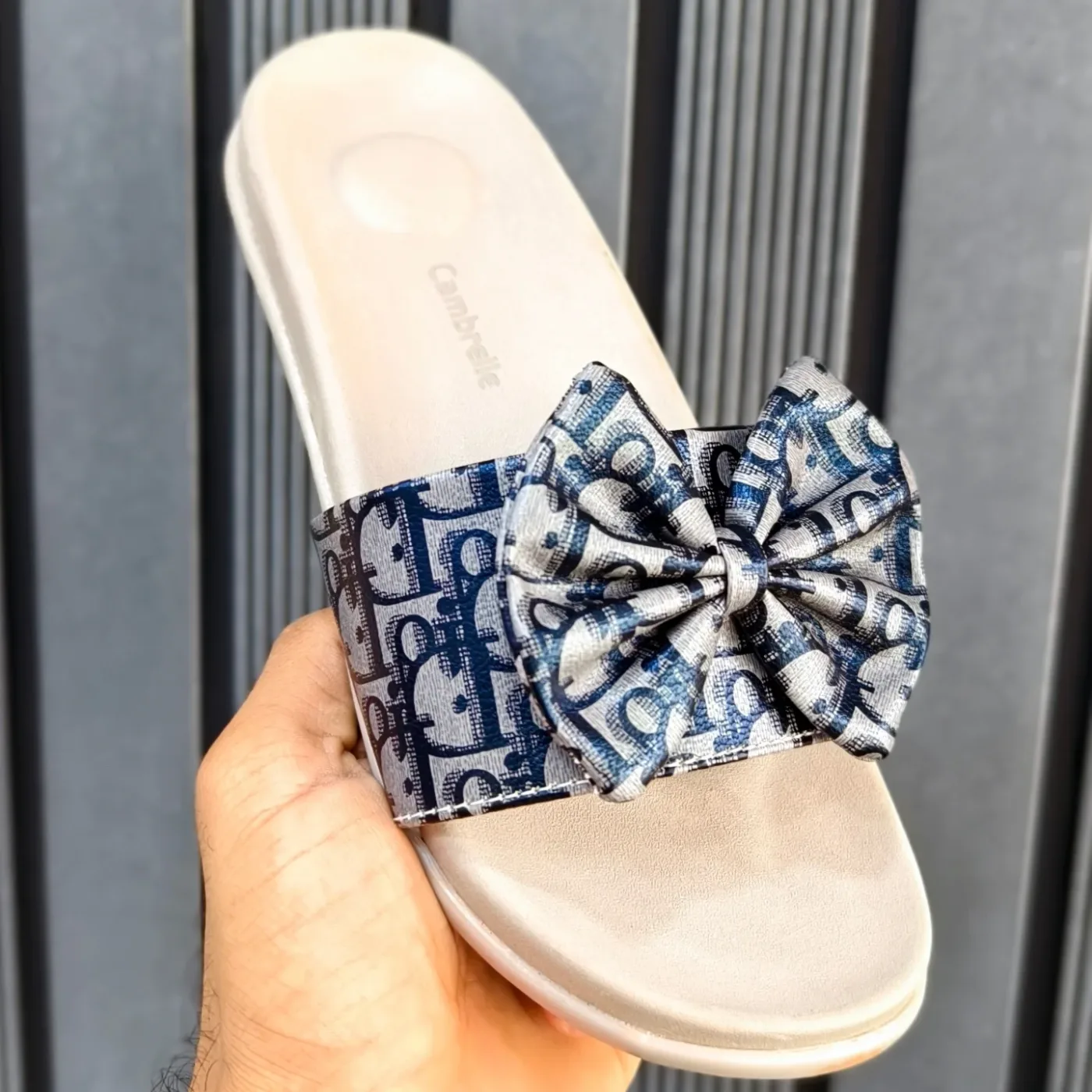 Blue Printed Bow Accent Slip-On Flat Sandals for Women